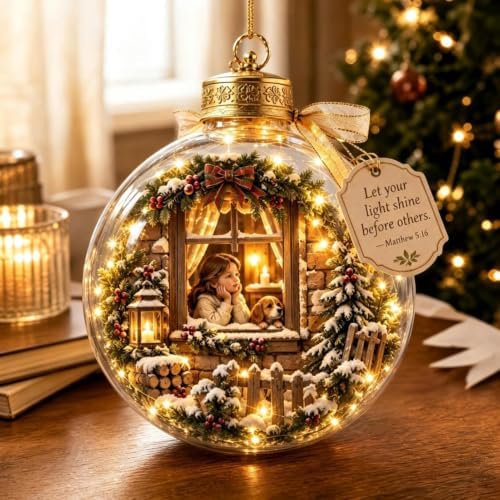 Illuminated Scripture Keepsake Ornament, Lighted Hanging Decoration with Bible Verse, Religious Themed Holiday Ornament, Transparant Ball with 2D Flat Sheet for Christmas Tree Home Display，B