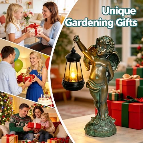Solar Angel Garden Statues, Outdoor Angel Solar Hanging Lights Waterproof, Birthday Gifts for Mom Women Mother's Day, Cupid Boy Garden Figurines for Yard Decor Patio Porch Lawn Ornaments