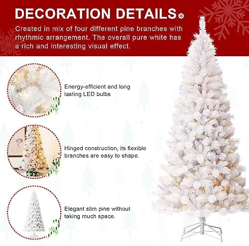 Glitzhome 8ft Pre-Lit Slim Artificial Christmas Tree, Aspen Frostfall Pine Hinged Holiday Xmas Tree with Foldable Metal Stand, 500 Warm White Lights, Ideal for Home, Office, Party Decoration