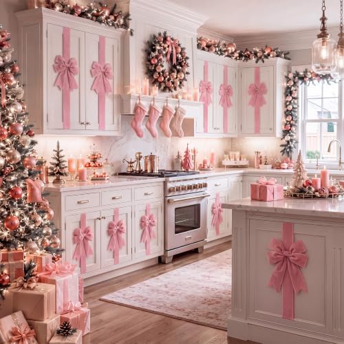 Daifunli 6 Pcs Pink Velvet Christmas Cabinet Bows Ribbons for Kitchen