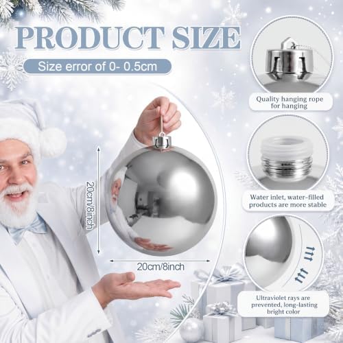 Threan 8 Inch Large Silver Christmas Ball Ornaments Giant Oversized Plastic Shiny Silver Christmas Ball Decorations Shatterproof UV Hanging Ornament for Xmas Tree Outdoor Indoor Hanging Decor