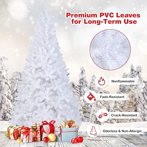 Happygrill 7 Feet White Christmas Tree Artificial Xmas Tree with Solid Metal Stand White Christmas Pine Tree for Indoor Outdoor Decoration