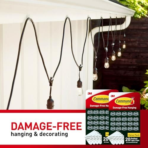 Command Outdoor Light Clips, 40 Clear and 48 Strips, Damage Free Hanging with Weather Resistant Strips, Wall Clips for Hanging Outdoor Lights and Cable Management