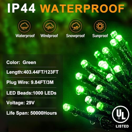 KNONEW 403FT 1000 LED Christmas String Lights Outdoor Green Wire Fairy Light 8 Modes & Timer Plug in Waterproof LED String Lights for Xmas Yard Tree Wedding Party Holiday Decorations(Green)
