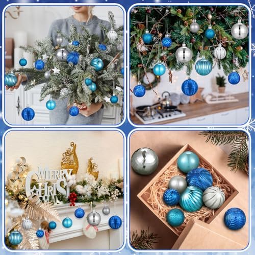 Lunmon 64 Pcs Blue and Silver Christmas Balls Ornaments Glitter Xmas Bulbs