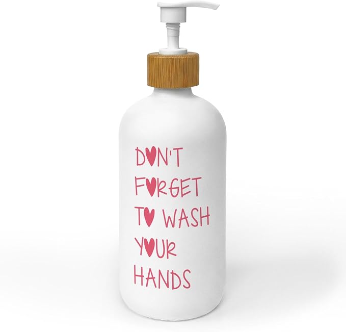 Pink Kids Bathroom Soap Dispenser, Wash Your Hands Glass Dish Soap Dispenser, Trendy Pink Refillable Handsoap Pump Bottle for Teen Girls Bathroom Washroom Countertop