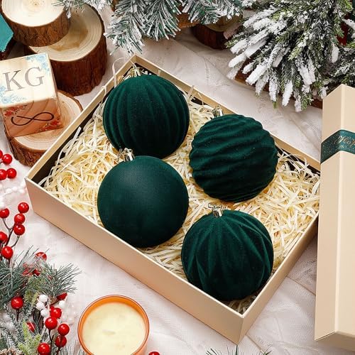Liliful 4 Inch 12 Pcs Velvet Christmas Ornaments Balls, Dark Green