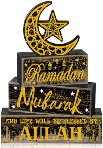 Moucuny 4 Pcs Ramadan Mubarak Wooden Block Signs, Farmhouse Table Decor