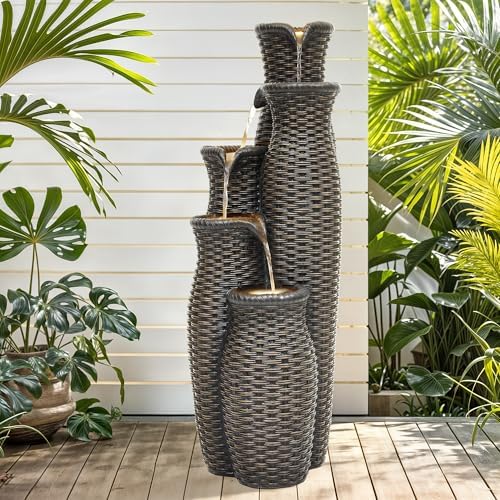 AUTODAYA 5-Tier Faux Rattan Vase Water Fountain Outdoor with LED Lights