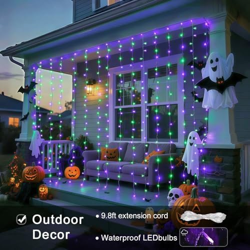JMEXSUSS 300LED Purple & Green Curtain Lights for Halloween Decor, Plug in