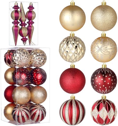 Soulchen 19 Pcs 3.15 Inches Red and Gold Luxury Christmas Tree Ornaments Set Plastic Shatterproof Burgundy Balls Finials Christmas Ornaments Hanging Tree Decorations Baubles for Xmas Holiday Decor