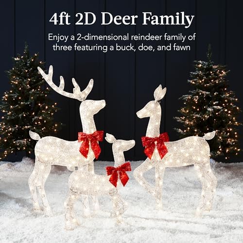 Best Choice Products 4ft 3-Piece 2D Lighted Christmas Deer Family Set, Large Outdoor Yard Reindeer Holiday Decoration with 175 LED Lights, Stakes, Zip Ties - White
