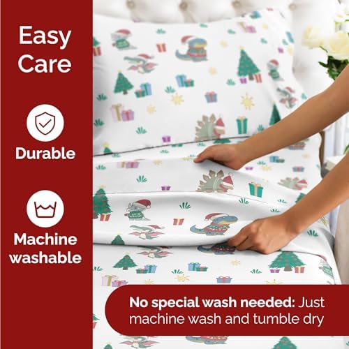 Christmas Sheet Set, Christmas Dinos, Holiday Xmas Bedding Set - Twin Size