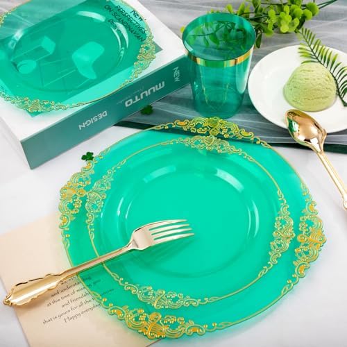 Hioasis 350 Pcs Green Gold Plates for Party