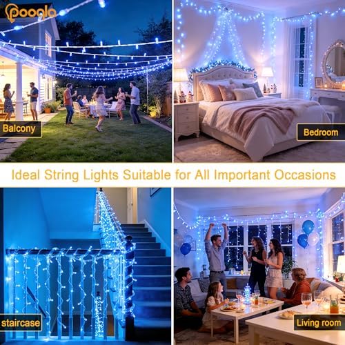 Pooqla 200 LED String Lights Indoor Outdoor, 66 ft Blue Christmas Lights Plug in with Timer, Connectable 8 Modes Waterproof Clear Wire Twinkle Fairy Lights for Halloween Xmas Tree Yard Decor