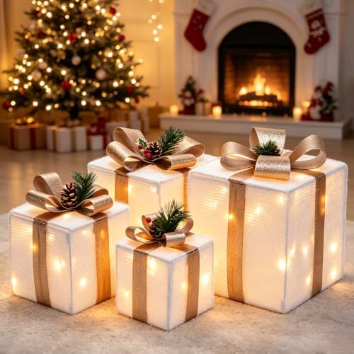 DomKom Set of 4 Christmas Lighted Gift Boxes, 70 Led Light Up White Iron Frame Present Box with Pine Cones Bows for Christmas Tree Party Yard Holiday Indoor Outdoor Decoration