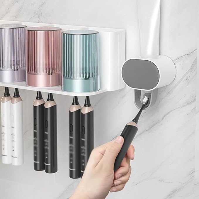 Toothbrush Rack 2PCS Wall Mounted Toothbrush Holder Storage Rack with Mouthwash Cup Automatic Toothpaste Dispenser Squeeze Kit Bathroom Toothbrush Holder(F)