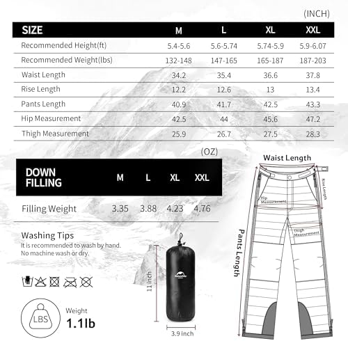 Naturehike Side Zipper Down Pants, Men's Women's Winter Snow Ski Pants, Windproof Warm Insulated Puffy Trousers