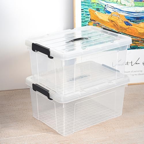 Cetomo Lidded Storage Bin with Handle, Storage Bins with Lid, Organizing Container with Secure Latching Buckles, Stackable and Nestable, Plastic, 40 Quart-4 Pack, Clear