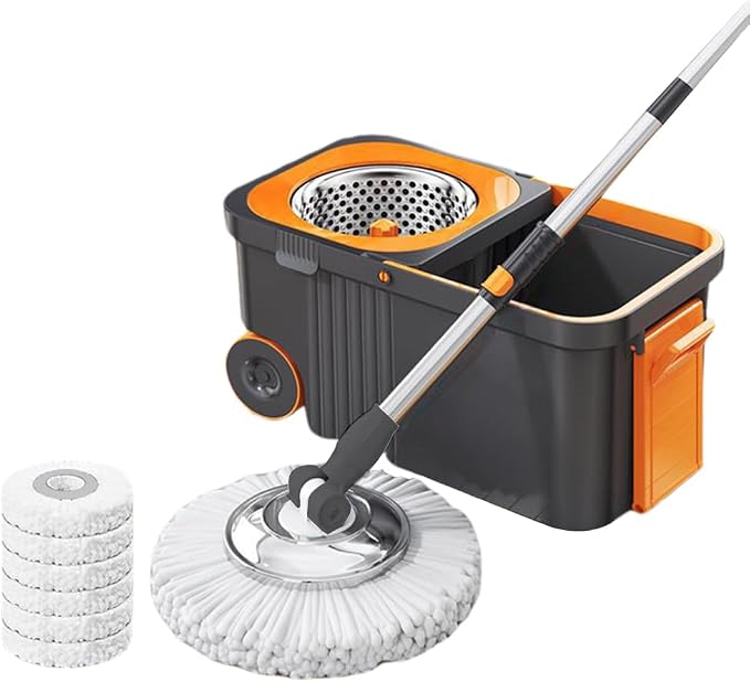 Household Cleaning Automatic with 6 Replacement Head Refills Extended Handle Hand-Free Automatic Dehydration Mop Cleaning with Bucket for Household Floor Cleaning (Grey Orange)