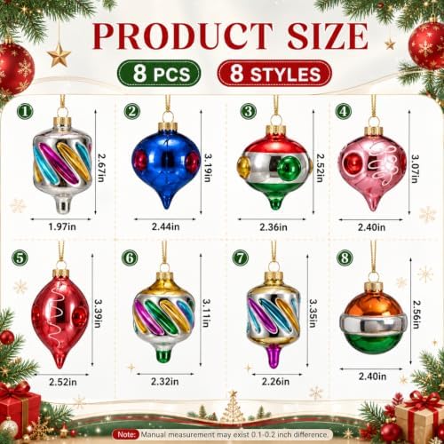 Soulchen 8 Pcs Vintage Glass Christmas Ornaments Retro Reflector Ball