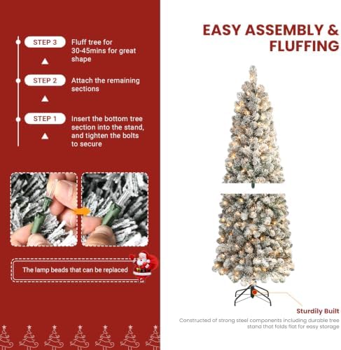 SHareconn 4ft Prelit Snow Flocked Artificial Slim Pencil Christmas Tree