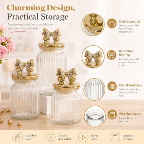Mimorou 3 Set Gold Bow Candy Glass Jars with Ceramic Lids 44oz 33oz 22oz Summer Bow Cookie Jars Airtight Glass Food Storage Containers for Spring Summer Party Tea Cookie Snacks Sugar