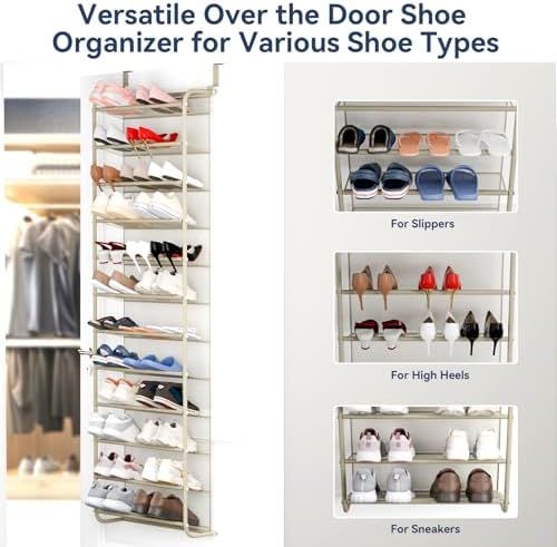 Whitmor 36 Pair Over the Door Shoe Rack,12 Tier Hanging Shoe Organizer with Metal Frame & Mesh Shelves, Heavy Duty Shoe Storage Holder for Door, No Drill Installation, 74" H x 21.7" W x 7.5" D, Oat