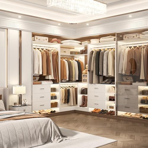 Aheaplus Closet System with 6 Drawers, 4 Hanging Rods & Corner Tower, Corner Closet System with Hanging, 92.6" L-Shaped Walk-In Wardrobe Organizer, 2000+ lbs Capacity, Set of 3, White