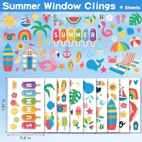Summer Window Clings for Glass Windows Decor, Beach Window Decals for Kids