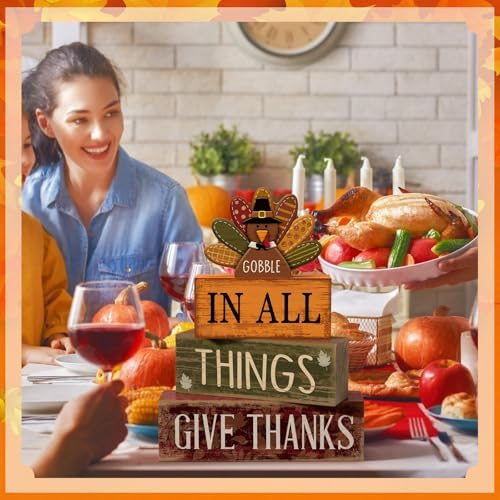 Moucuny 4 Pcs Thanksgiving Table Decoration Gobble Turkey Wooden Block Sign