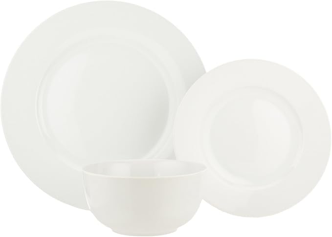 Amazon Basics Porcelain Dinnerware Set, Microwave and Dishwasher Safe, Service for 6, 18-Piece, Plates, Bowls, White