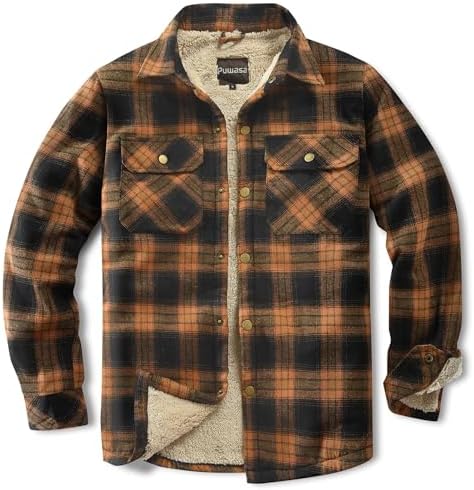 Men's Sherpa Cotton Flannel Shirt Jacket Plaid Button Coat Pocket
