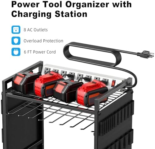 JUNNUJ Power Tool Organizer Cart with Charging Station, 6 FT Cord, Black