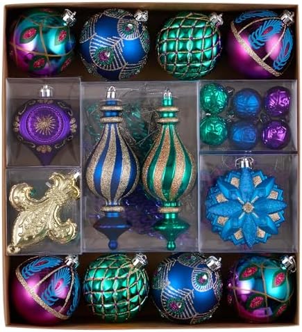 Valery Madelyn Christmas Ball Ornaments, 60ct Peacock Blue Purple Green Shatterproof Christmas Tree Decorations Set, Decorative Hanging Ornaments Bulk for Xmas Holiday Party Decor