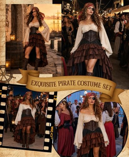YOGFIT 14 Pcs Pirate Costume Women Set with Renaissance Pirate Shirt, Skirt, and Multiple Pirate Accessories
