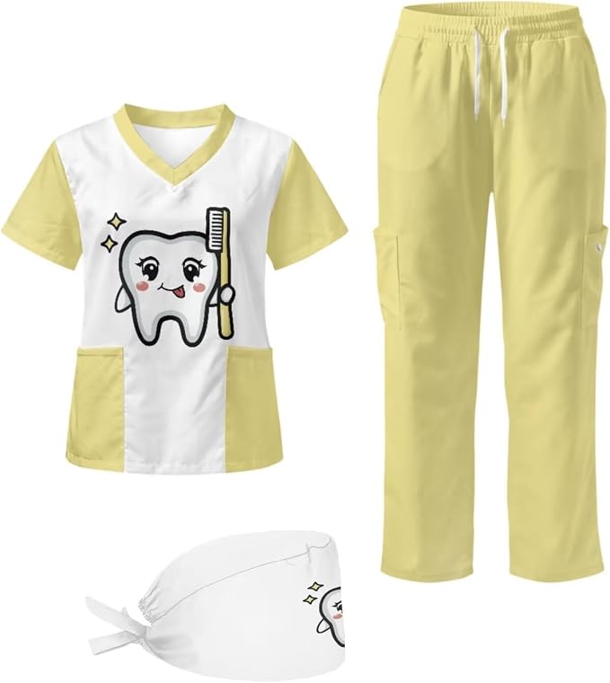Gomyblomy Women's Scrubs Suit 3-Piece Set | Teeth Print V-Neck Top & Pants & Cap, Breathable and Stretch Fabric, S-5XL