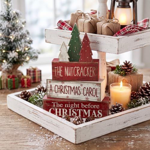 Moucuny 4 Pcs Christmas Table Decorations Rustic Christmas Tree Stacked Wooden Signs Decor Red Green and White Winter Tiered Tray Decor Xmas Table Centerpiece Farmhouse for Home Kitchen Shelf