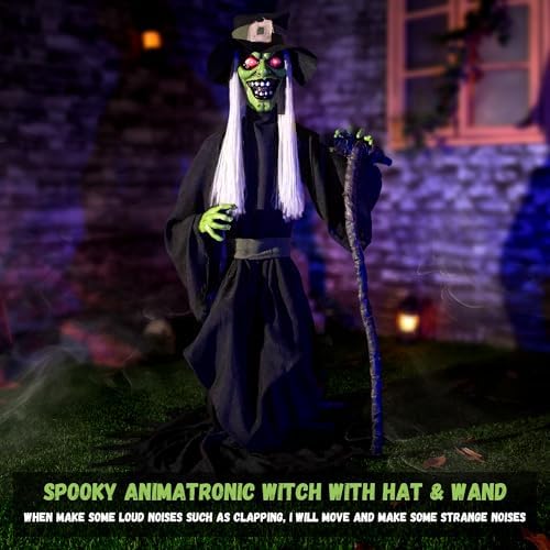 Halloween Animatronic Jump-Scare Witch Decoration, Sound Activated, Red Eyes, Spooky Sounds, Halloween Decor for Indoor/Outdoor Haunted House Prop