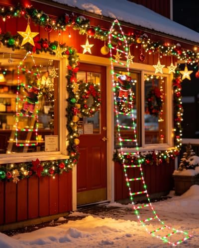 Toodour LED Christmas Lights - 10ft Christmas Decorative Ladder Lights with Santa Claus, Xmas Decorations Light for Indoor Outdoor, Window, Garden, Home, Wall, Xmas Tree Decor - Red White & Green