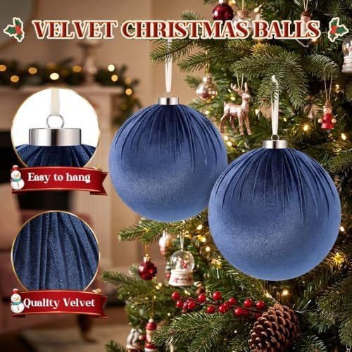 Weysat 6 PCS 8" Extra Large Velvet Christmas Ball Ornaments, Dusty Blue