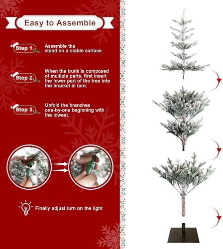 Glitzhome Prelit Christmas Tree, 6ft Flocked Artificial Christmas Tree Serene Snowscape Fir with 300 Warm White Lights for Home, Office, Party Decoration, Metal Hinges & Base, Easy Assembly