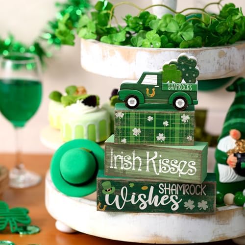 Lineshading 4 Pcs Wooden Shamrock Tiered Tray Decor St Patrick Block Signs
