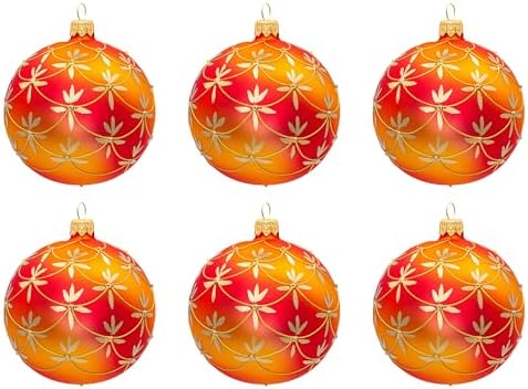 Luxury Handcrafted European Glass Christmas Ball Ornaments - Set of 6 - Orange Art Nouveau - 8 cm - Mouth-Blown & Hand-Painted