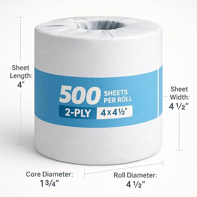 Bulk Toilet Paper Pallet – 4.5" x 4" Premium 2-Ply Standard Bath Tissue, 500 Sheets per Roll, Individually Wrapped, Case of 96 Rolls, 31 Cases per Pallet (2,976 Rolls Total), Commercial & Home