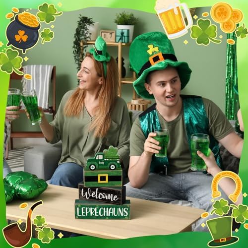 Lineshading 4 Pcs Wooden Leprechaun Block Signs Tiered Tray Decor