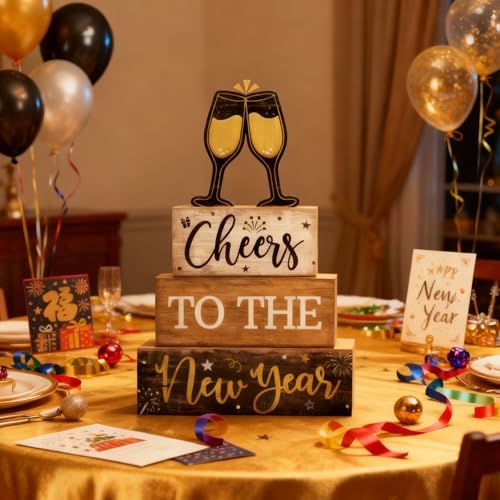 Moucuny 4 Pcs New Year Wooden Block Signs Farmhouse Table Centerpiece