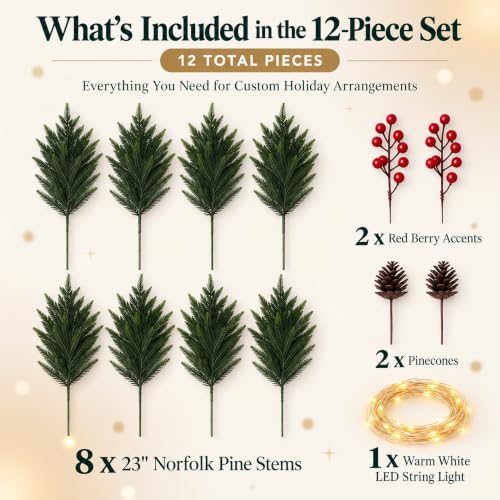12-Piece 23" Norfolk Pine Stems, Norfolk Pine Branches with LED Lights