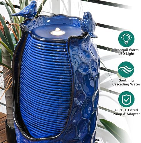 Autodaya 33" Vase Ceramic Outdoor Water Fountain with Lights and Birds