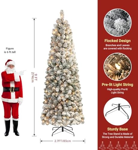 SHareconn 9ft Prelit Snow Flocked Artificial Slim Pencil Christmas Tree
